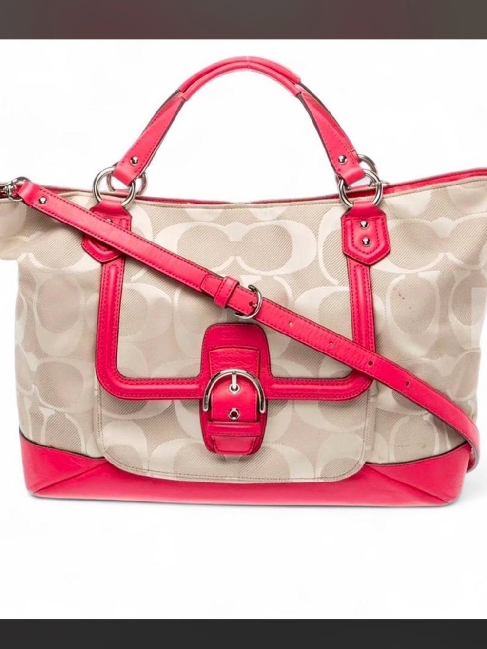 Coach Beige and Red ,Pink Signature Canvas Tote with Detachable Strap